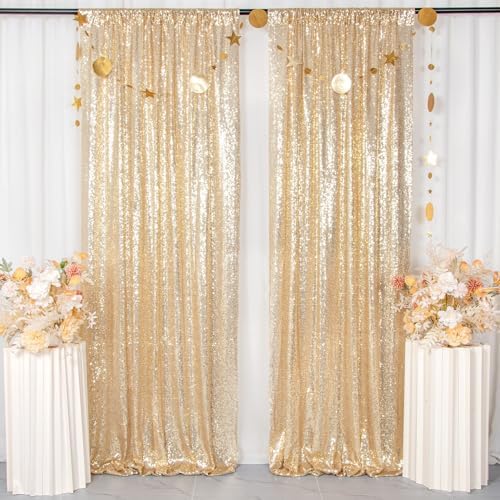ShinyBeauty Gold Sequin Backdrop 4 Panels 2x8ft Light Gold - Image 4