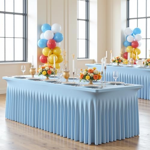 2 Pack Spandex Baby Blue Table Clothes for 8 Foot Rectangle Tables, Wrinkle Free Table Cloth 8ft Stretchy Tablecloths with Skirt for Parties Weddings Birthday Banquet Baby Shower - Image 5
