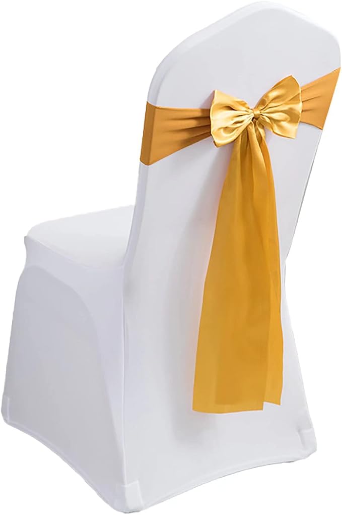 Pack of 100 Spandex Chair Bands - Satin Chair Sashes & Ribbons Bows for Wedding, Party, Banquet & Home Decoration (100 PCS Gold) by MYS+QiQi
