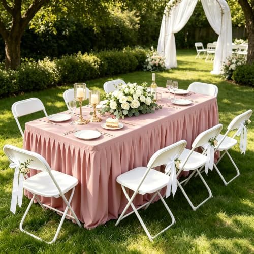 PARTISKY 6 Pack Dusty Rose Tablecloths for Rectangle Tables 6ft, Wrinkle Resistant Spandex Table Cover Fitted Stretch Table Cloth with Pleated Ruffle Skirts for Party Banquet Dining Birthday Wedding - Image 3