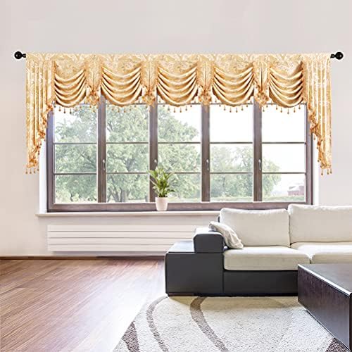 ELKCA European Style Golden Jacquard Swag Waterfall Valance for Living Room Bedroom Curtains Damask Curtain Valance for Kitchen (Damask-Golden, W138Inch, 1 Panel) by ELKCA
