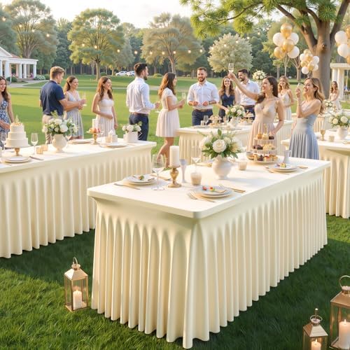 2 Pack 6ft Champagne Spandex Table Cloths for Rectangle Tables Wrinkle Free Champagne Rectangle Tablecloths, Stretch Fitted Table Cover with Skirt for Wedding Birthday Party Banquet Baby Shower Buffet - Image 2
