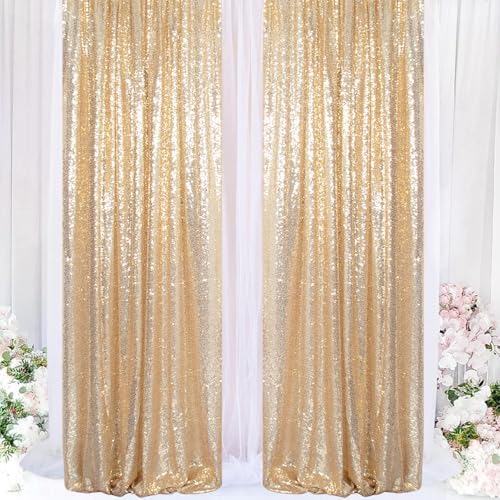 ShinyBeauty Gold Sequin Backdrop 4 Panels 2x8ft Light Gold - Image 3