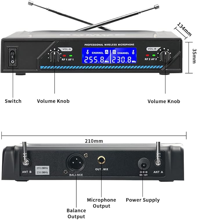 Wireless Microphone System, BOMGE Pro 4-Channel Cordless Mic Set with Four Handheld Mics, Fixed Frequency, Long Range 200ft, Ideal for Church,Karaoke, Events (V210)