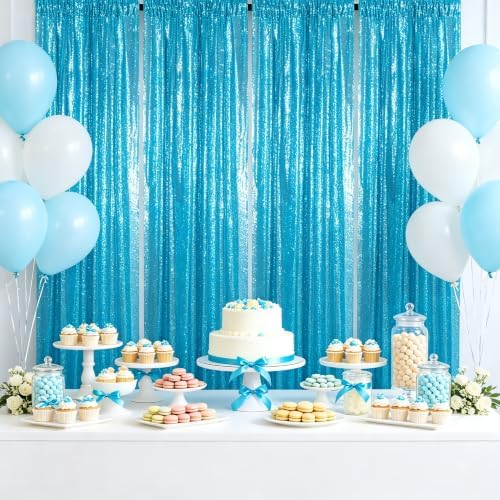 ShinyBeauty Sequin Backdrop Curtains 4 Panels 2x8FT Turquoise for Party by ShinyBeauty