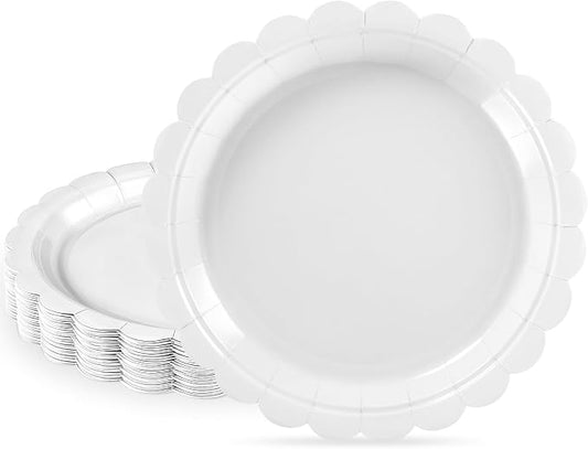 NatNarr 30 Pk White Desset Cake Plates 7" Scalloped White Paper Plates | Small Appetizer Cocktail Plates White Scalloped Plates for Wedding, Baby Bridal Shower, Birthday, Oil&Water Resistant by NatNarr