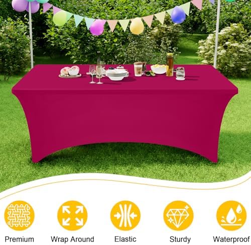 Smiry 2 Pack Spandex Table Cloth 8FT, Elastic Fitted Fuchsia Tablecloth - Image 3