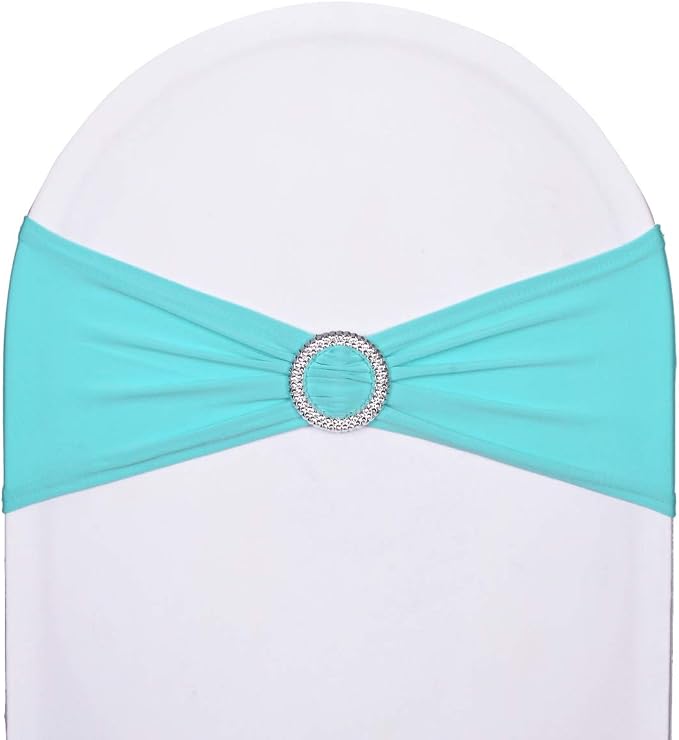 50pcs Aqua Blue Stretch Spandex Chair Sashes, Durable Elastic Chair Bands, Ribbon with Buckle for Wedding Baby Shower Hotel Event Party Graduation Birthday Decoration by SweetEasy