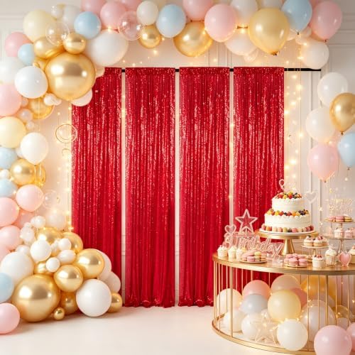 ShinyBeauty Red Sequin Backdrop 4 Panels 2x8ft for Photo Booth Curtains - Image 5