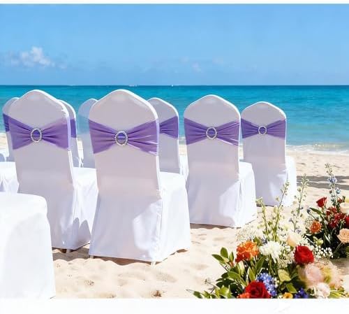 Lavender Chair Sashes 50 Pack, Lavender Chair Bands for Wedding Party Birthday Decor, Spandex Chairs Bows for Folding Chairs - Image 2
