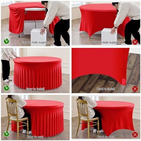 Outpain 6 Pack Spandex Red Round Tablecloths for 60in Tables, 120Inch Stretchy Fitted 5FT Round Table Clothes,Wrinkle Free Table Cover with Skirt for Wedding Party Dining Banquet - Image 4