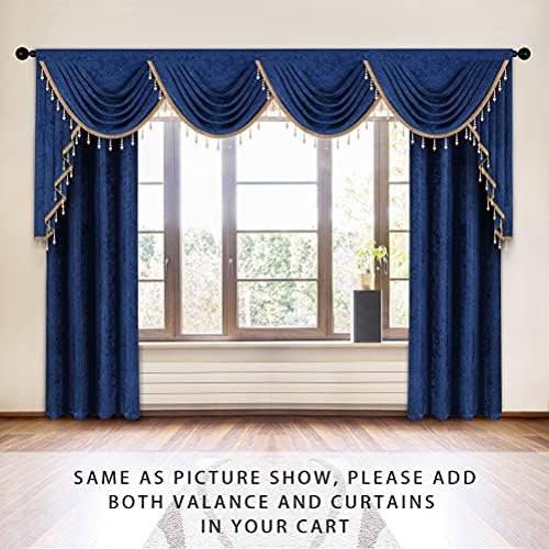 ELKCA Thick Chenille Window Curtains Valance for Living Room Royal Blue Swag Valance with Beads for Bedroom,Rod Pocket (W118inch,1 Panel) - Image 2