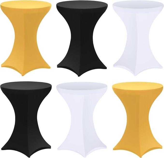 Preboun 6 Pack Spandex Cocktail Table Covers 32 x 43 Inch,Black White Gold | Fitted Stretch Round Cocktail Tablecloth, Wrinkle-resistant, for Birthday Wedding Graduation Party, Quick Setup by Preboun