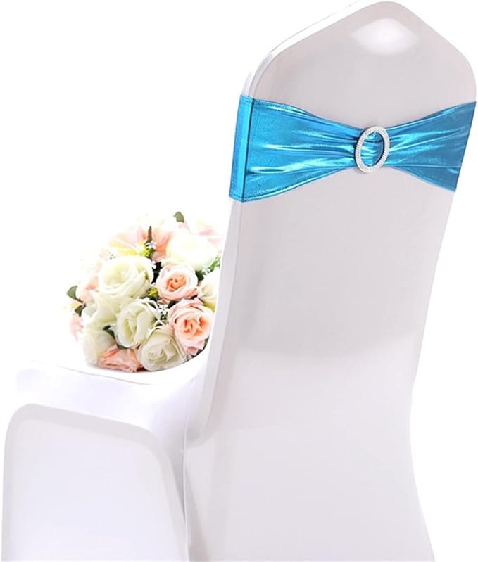 Dimatic 25 PCS Spandex Stretch Chair Sashes Bow Elastic Chair Cover Bands with Buckle Slider for Wedding, Banquet, Party, Hotel Event Decorations - Turquoise by Dimatic