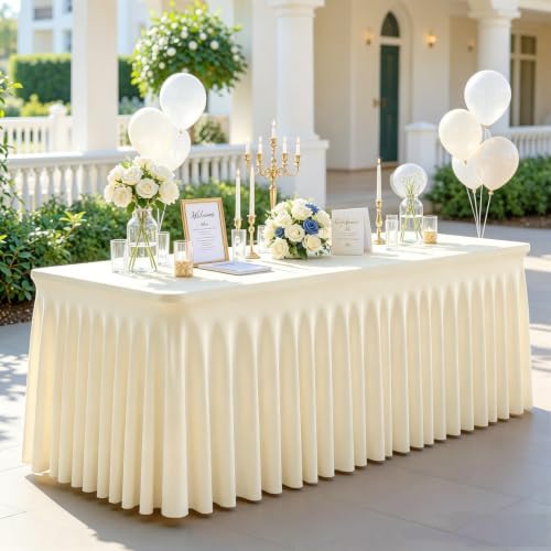 2 Pack 6ft Champagne Spandex Table Cloths for Rectangle Tables Wrinkle Free Champagne Rectangle Tablecloths, Stretch Fitted Table Cover with Skirt for Wedding Birthday Party Banquet Baby Shower Buffet - Image 3