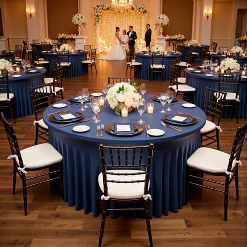 Outpain 8 Pack Navy Blue Spandex Round Tablecloths - Fitted 132in Wrinkle Free Table Covers with Skirt for 72in Table, Wedding Party Dining Banquet - Image 2