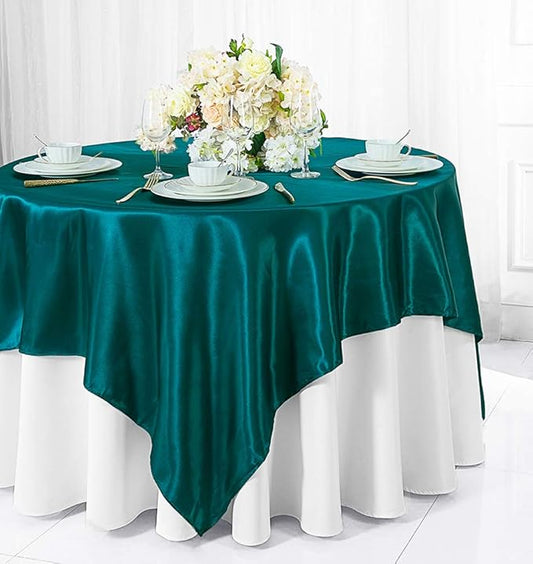 (2 PCS 54" Square Satin Table Overlays Toppers Tablecloths Table Overlay Cover Linens for Wedding Decoration Party Banquet Events - Peacock