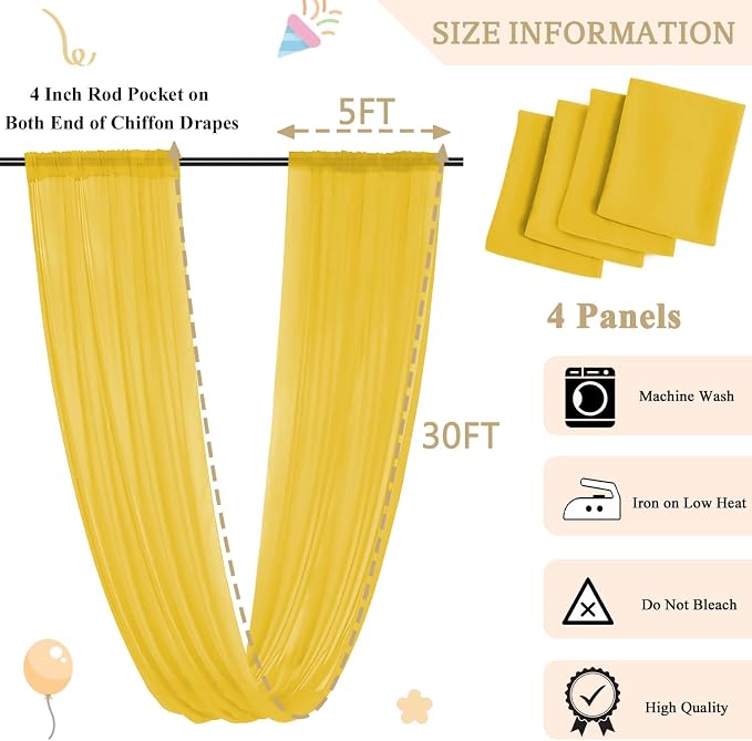 MODFUNS Ceiling Drapes for Parties Gold Sheer Wedding Arch Drapes 4 Panels 5x30ft Chiffon Fabric Ceiling Drapery Tulle Curtain for Backdrop Ceiling Draping Fabric for Party Wedding Hall Decor - Image 3