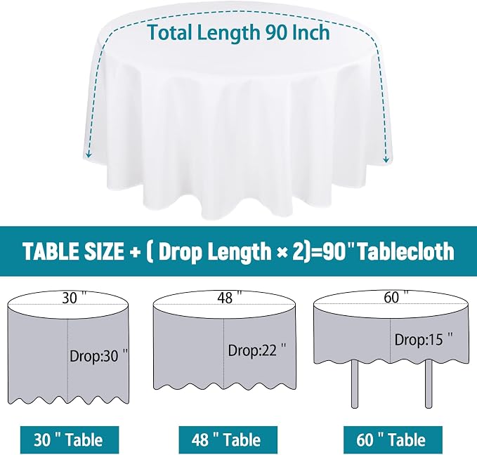 Kesfey 90 Inch Round Table Cloths White 2 Packs Stain and Wrinkle Polyester Tablecloths Washable High Density Tablecovers Fabric Table Covers for Wedding Celebration Buffet Camping Banquet Parties - Image 2