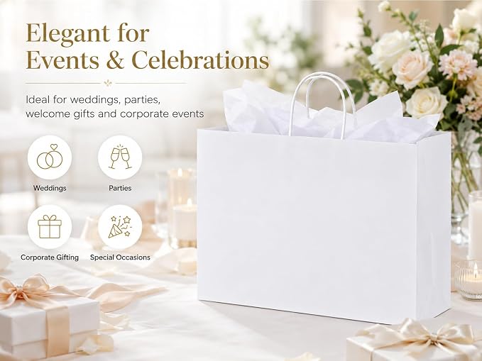 Large Kraft Paper Bags with Handles Bulk for Shopping,70 Pack,White | 16x6x12 Inch,120GSM,Thick,Durable,8LB Load,Heavy Duty for Retail ,event,boutiques,corporate gifts,wedding,party - Image 6