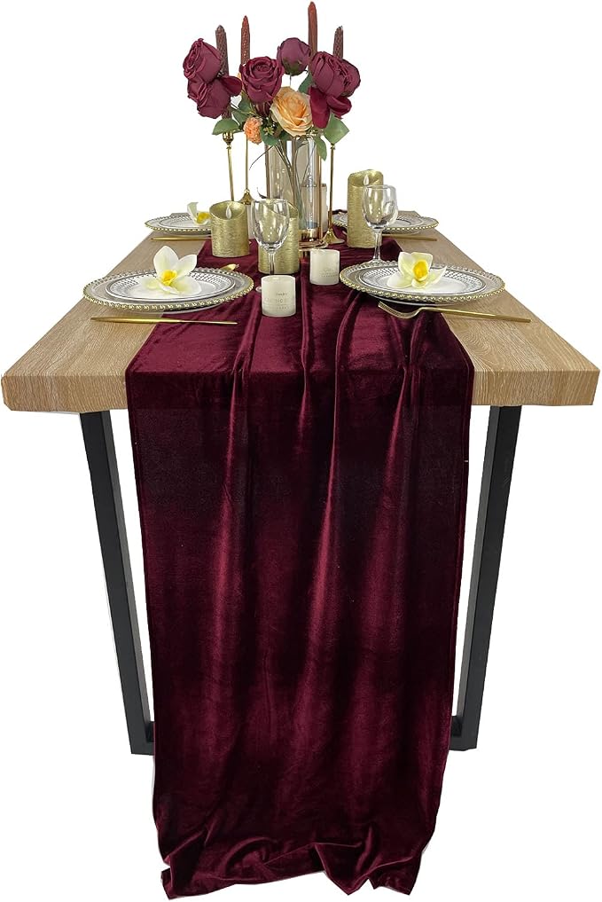 Luxurious Velvet Table Runner, 10ft Wedding Reception Decorations, 20x120inch Soft Velvet Fabric, Table Linen Overlay, Wedding Table Runners (Burgundy, 20X120inch) - Image 5