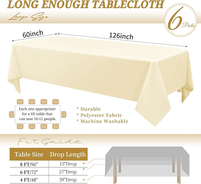 6 Pack Tablecloth 60 x126 inch Polyester Table Cloth for 8 Foot Rectangle Tables,Stain and Wrinkle Resistant Washable Fabric Table Covers Polyester Beige Table Clothes for Wedding,Party,Banquet - Image 2