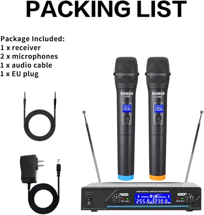 Wireless Microphone System, BOMGE Pro 4-Channel Cordless Mic Set with Four Handheld Mics, Fixed Frequency, Long Range 200ft, Ideal for Church,Karaoke, Events (V210)