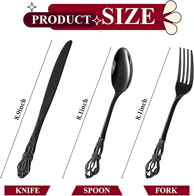 150PCS Black Plastic Silverware - Heavy Duty Disposable Cutlery Sets - Fancy Plastic Utensils Flatware Include 50 Forks, 50 Spoons, 50 Knives for Catering, Dinners, Weddings, Party