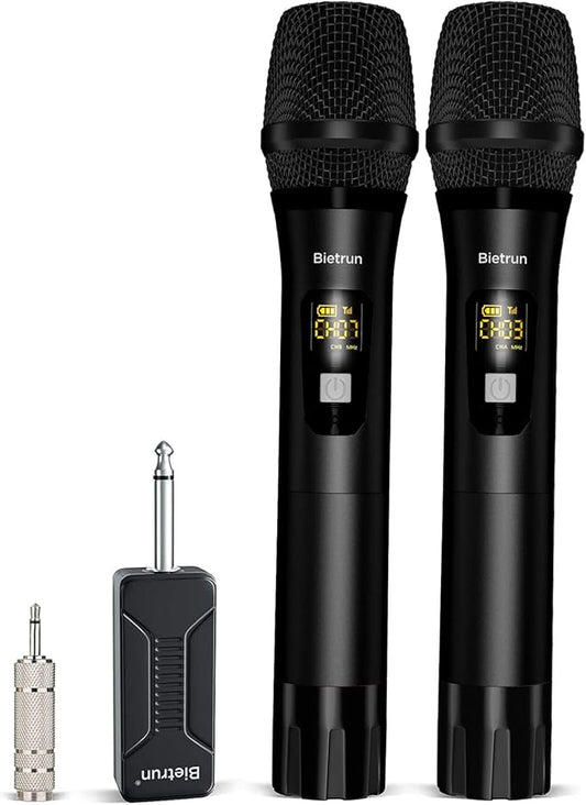 Wireless Microphone, Bietrun UHF Metal Dual Handheld Cordless Dynamic Mic System with Rechargeable Receiver, 1/4‘’Output, for Karaoke, Church, Speech, Wedding, Party Singing(160 ft Range)-Auto Connect