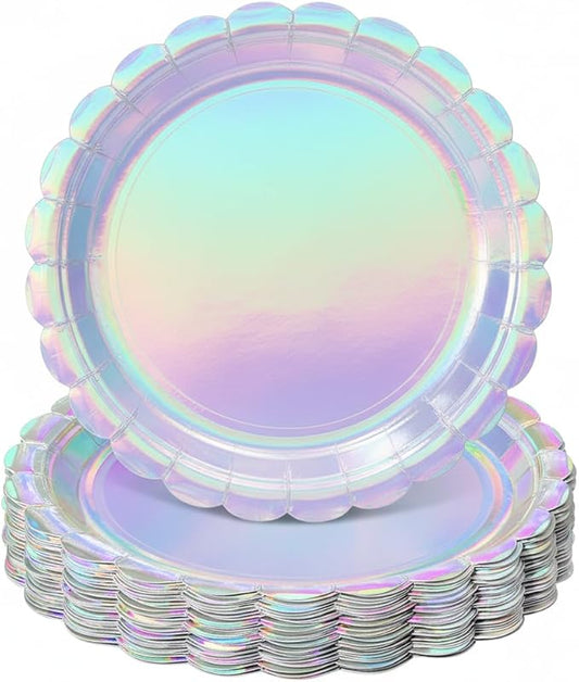 30 Pcs Iridescent Plates Disposable 9 Inch Scalloped Holographic Plates Sliver Birthday Cake Dessert Plate for Mermaid, Disco, Unicorn Birthday