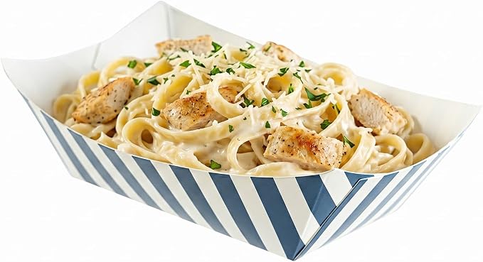 Restaurantware Bio Tek 6 Ounce Boat Paper Boats 400 Disposable #40 Food Trays - PE Lining Durable Blue And White Striped Paper Food Baskets For Concession Stands Picnics or Fairs - Image 6