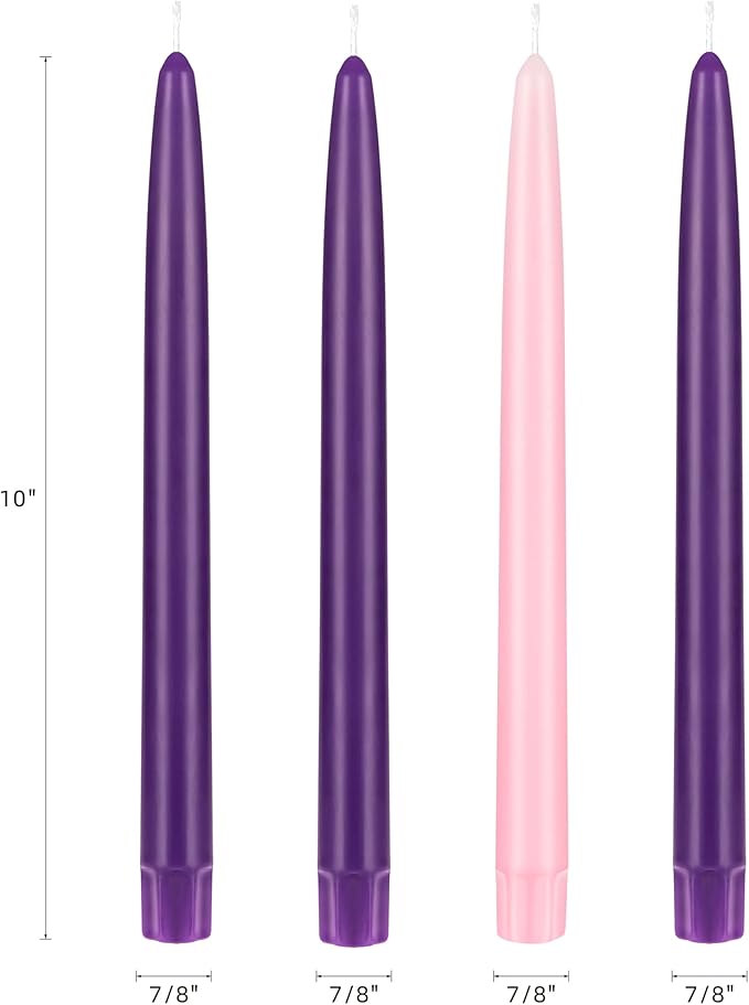 Mega Candles 4 pcs Unscented Christmas Advent Candles Set, Self Fitting Hand Dipped Color Core Taper Candle 10 Inch x 7/8 Inch, Holidays, Festivities, Devotional, Church, Wreath, Party, Gifts