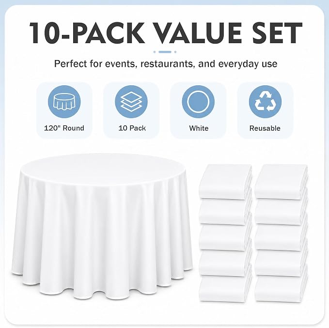 10 Pack 120 Inch White Round Tablecloth, Washable Polyester Tablecloths Stain & Wrinkle Resistant, Elegant Fabric Table Cloth for Wedding Party Banquet Dining Decoration Banquet, Formal Events - Image 5