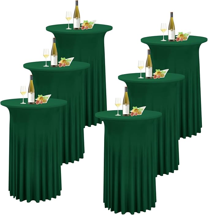 6 Packs Dark Green Round Cocktail Table Skirt 32"x 43" | Spandex Stretch Cocktail Tablecloth with Wavy Drapes, Fitted High Top Table Covers for Wedding Bar Party Birthday by REWOMC