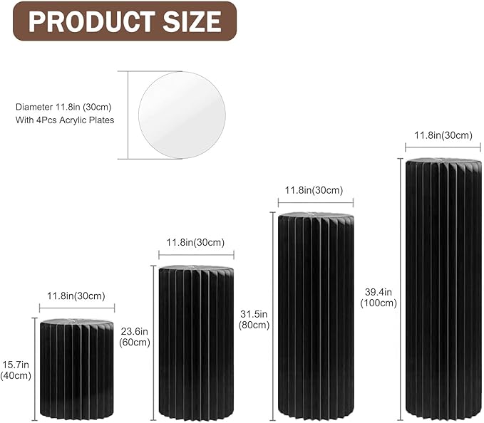4Pack Cylinder Stands for Party, Foldable Cardboard Columns with 4 Clear Round Top Plates, Cake Display Pedestal Stand for Wedding Banquet Vendor Events Decorative (Black)