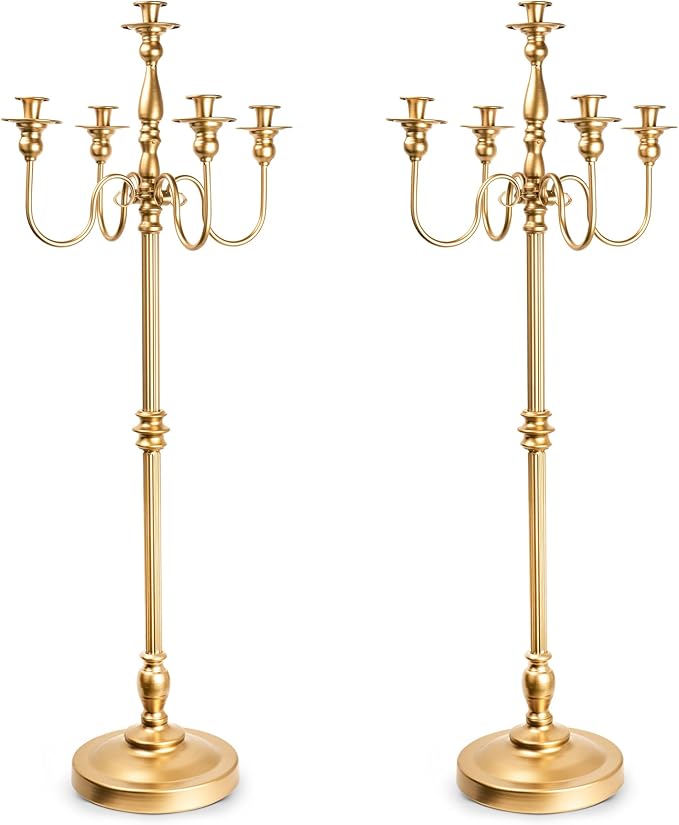 Gold Candelabra for Wedding Event Decor, 50'' Tall Floor Candle Holders, 2 Pcs Metal 5 Arm Centerpiece Decorations for 5 Candlesticks Party Wedding Aisle Home Decor