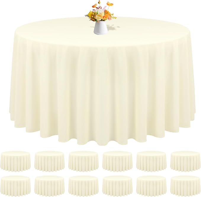 12 Packs 120 Inch Beige Round Polyester Tablecloths | Table Cover for Round Tables, Stain and Wrinkle Resistant Washable Table Cloth, Perfect for Wedding Banquet Parties by REWOMC