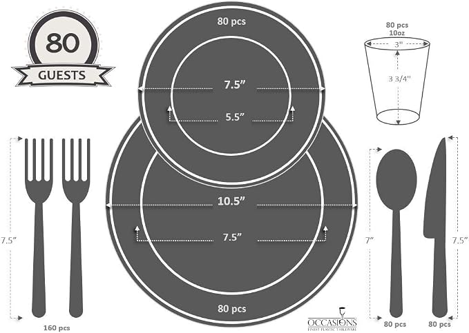 " OCCASIONS " 640pcs set (80 Guests)-Heavyweight Wedding Party Disposable Plastic Plate Set -80 x 10.5''+80 x 7.5''+Silverware+Cups+linen like paper Napkins (Celebration white & Gold) - Image 7