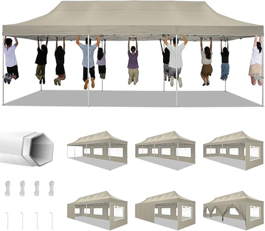 COBIZI 10x30 Heavy Duty Pop up Canopy Tent for Parties with 8 Sidewalls, Easy Setup Outdoor Commercial Gazebo for Wedding Event, Party Tent with Portable Bag & Sand Bags, Khaki