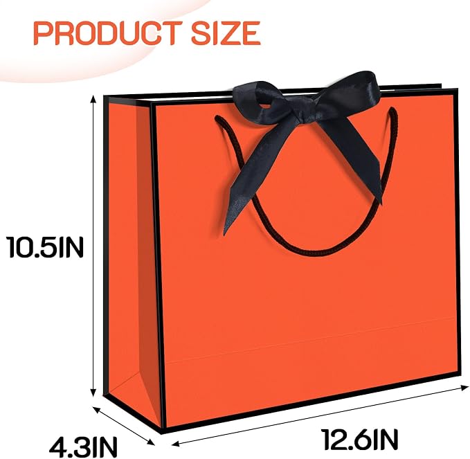 50 Pack Gift Bag with Bow Ribbon Horizontal Paper Gift Bags Bulk for Women Men, Birthday Wedding Bridesmaid Party Favor Shopping Retail Gift Sacks (Orange, 12.6x4.3x10.5 Inch (Pack of 50)) - Image 2