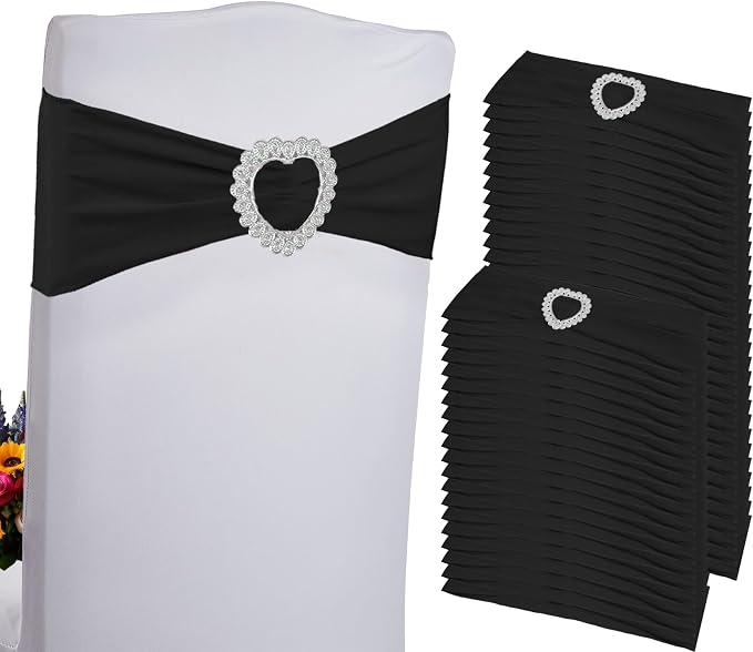100PCS Spandex Stretch Black Chair Sashes Bows Universal Elastic Chair Cover Bands Ties with Buckle Slider for Wedding Party Birthday Reception Event Banquet Decoration(Black) by Zrlljp