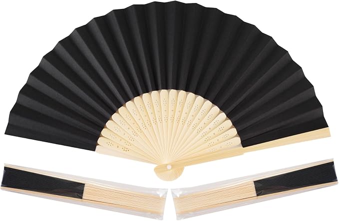 Sepwedd 50pcs Black Paper Hand Fan Bamboo Folding Fan Handheld Paper Fan | Handheld Paper Fan for Wedding Party and Home Decoration by SEPWEDD