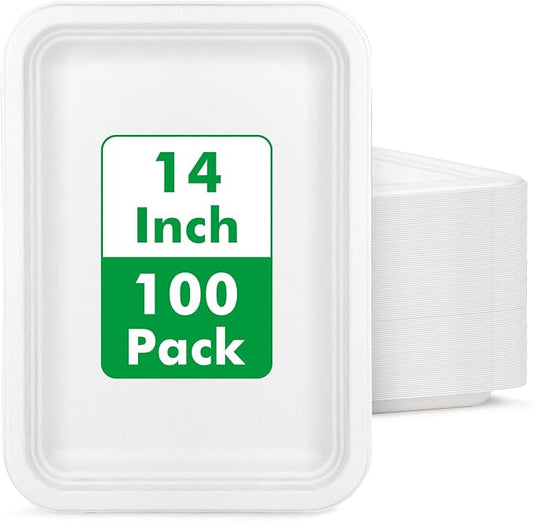 14 Inch Disposable Food Trays, 100 Pack White Compostable Platter | Heavy Duty Large Paper Plates for Serving Food, Sturdy Rectangle Plates for Crawfish Lobster Seafood Boil BBQ Party by Uniecocus