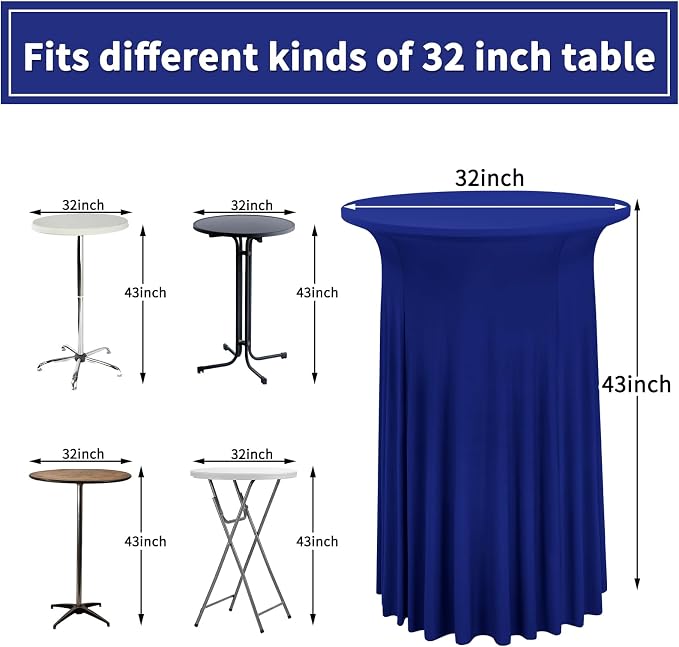 6 Packs Royal Blue Round Cocktail Table Skirt 32"x 43" | Spandex Stretch Cocktail Tablecloth with Wavy Drapes, Fitted High Top Table Covers for Wedding Bar Party Birthday - Image 2