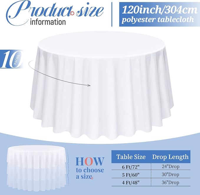 Pesonlook 10 Pack 120 Inch White Round Table Cloths, Premium Polyester Round Tablecloth Wrinkle Resistant Washable TableCover for Wedding, Party, Dining,Banquet,Buffet Table - Image 4