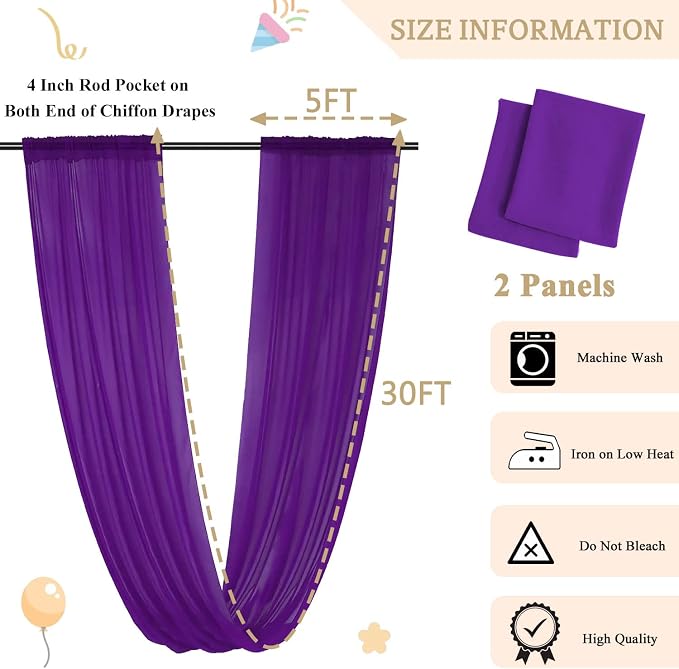 MODFUNS Wedding Ceiling Drapery Purple 5x30FT 2 Panels Sheer Wedding Arch Drapes Chiffon Fabric Ceiling Curtains Drapes for Party Tulle Backdrop Curtains Birthday Banquet Arch Draping - Image 5