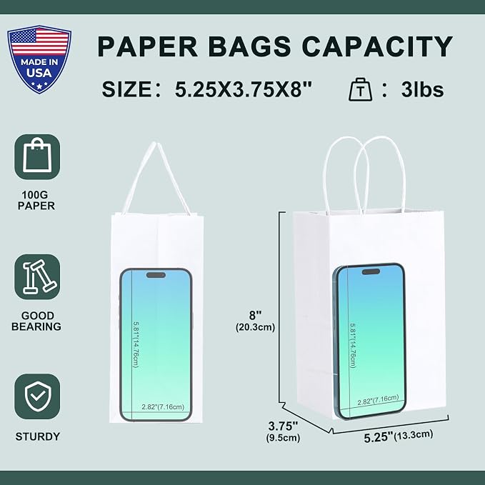 METRONIC Gift Bags 5.25x3.75x8 100Pcs, White Paper Bags with Handles Bulk | Recycled Kraft Paper Bag for Small Business, Heavy Duty Shopping Bag for Birthday Party Favors Retail - Image 2