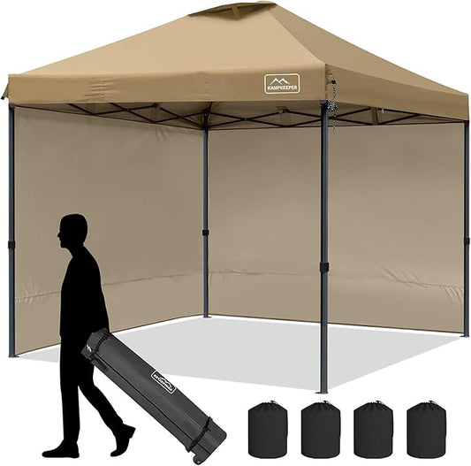KAMPKEEPER 10x10 Pop-Up Canopy Tent, Waterproof, Portable Shade with Side Walls, Adjustable Instant Outdoor Shelter for Camping, Backyard, and Events, Khaki