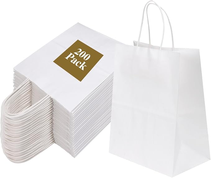 Joybe 200 Pack 8x4.75x10 Inch Medium White Kraft Paper Bags with Handles Bulk, Craft Paper Gift Bags for Party Favors Grocery Retail Shopping Business Goody Merchandise Take Out Blank Sacks (200pcs) by Joybe