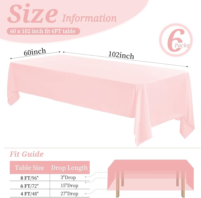 YMHPRIDE 6 Pack Pink Polyester Tablecloths, 60 x 102 inch, Rectangular, Wrinkle Resistant, for 6FT Tables, Parties, Weddings, Banquets, Indoor/Outdoor Use - Image 2